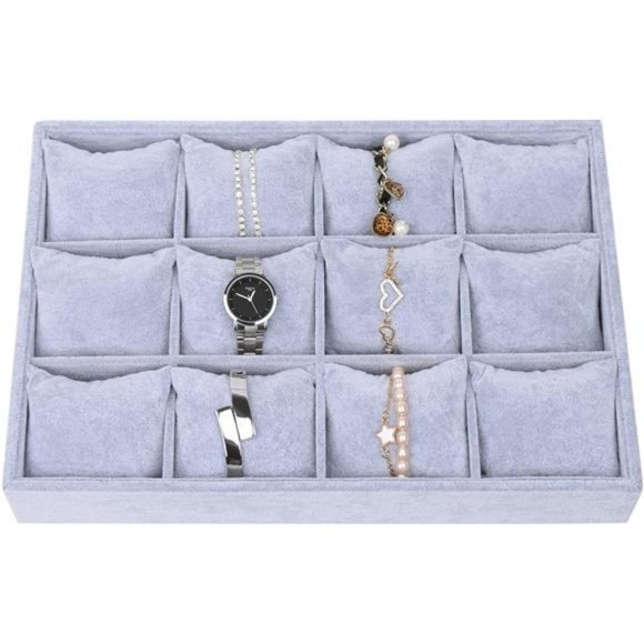 Watch Jewelry Tray Organizer Bracelet Display Showcase 12 Grid Pillows Tray - Picture 2 of 7